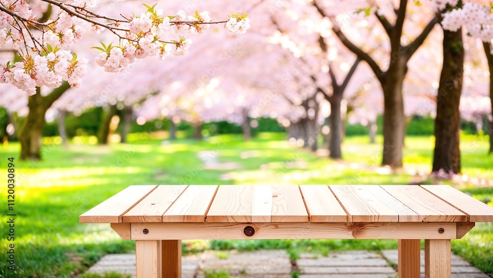 Poster empty wooden table in sakura flower park with garden bokeh background with a country outdoor theme, 
