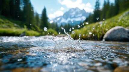 Fototapeta premium A refreshing mountain stream splashes energetically under a bright blue sky, surrounded by green meadows and towering trees, with mountains visible in the distance.