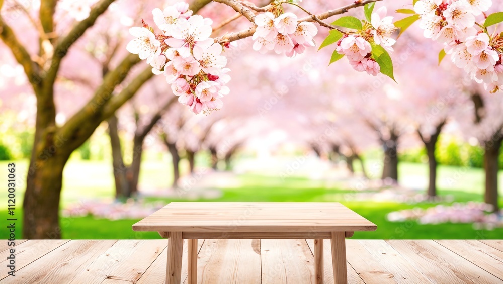 Poster empty wooden table in sakura flower park with garden bokeh background with a country outdoor theme, 