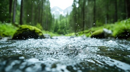 Fototapeta premium A tranquil, crystal clear stream flows through a lush green forest, with moss-covered rocks and vibrant foliage creating a serene, natural landscape in a picturesque setting.
