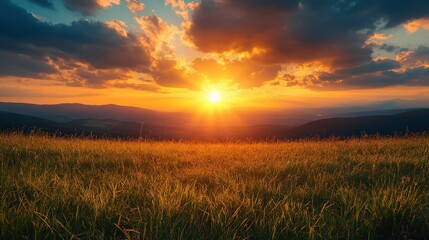 Breathtaking Sunset Over Rolling Hills with Vibrant Skies and Lush Green Grassy Field, Capturing the Beauty of Nature in Golden Hour Light