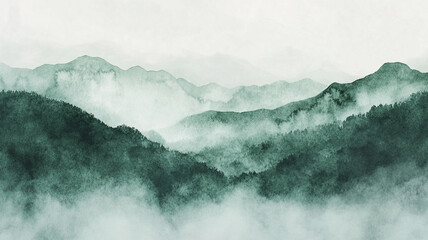 Obraz premium serene green and gray watercolor landscape featuring misty mountains and soft hills. tranquil atmosphere evokes sense of calm and connection with nature