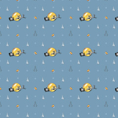 New Year's pattern with fir trees, Santa Claus on a reindeer and gold layers