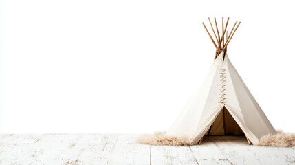 A cream-colored teepee stands elegantly against a bright white background, presenting a minimalist and artistic representation of traditional native structures.