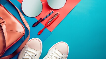 Womens accessories leather bag sneakers comb mirror on two color paper background top view