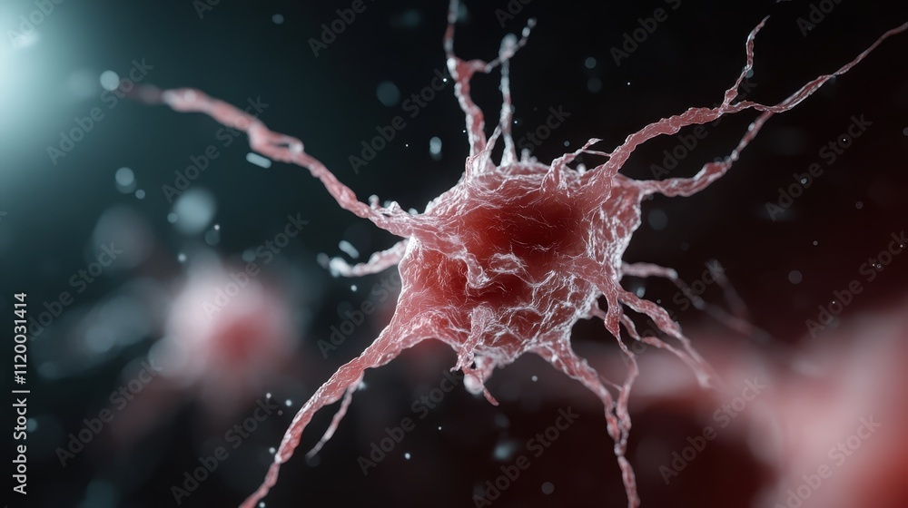Poster this image features a red neuron with brilliantly illuminated stems, capturing the essence of neurol