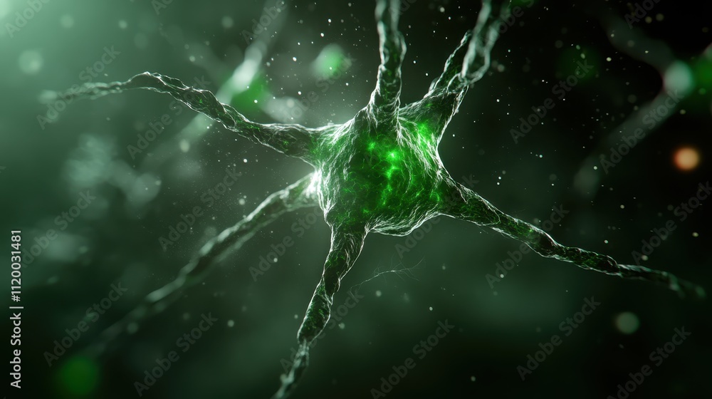 Poster an artistic representation of a green neural network, highlighting its intricate connections set in 