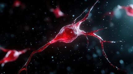 A close-up view of a red neuron with extended dendrites and axons illuminated, depicting the complexity of nerve cell connections in a high-resolution render.