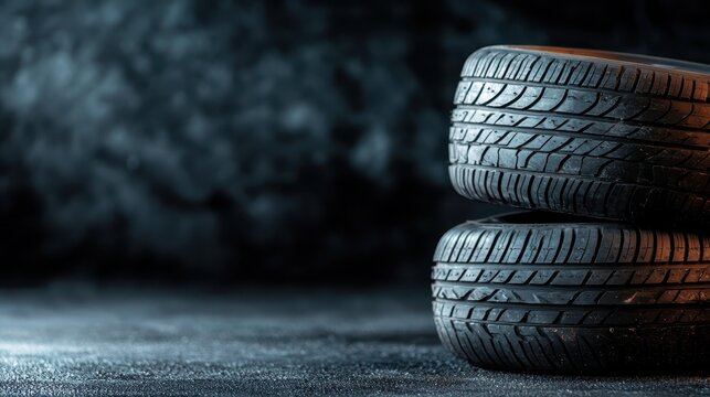A focused look at two durable rubber tires, stacked neatly on a gritty textured garage floor, emphasizing ruggedness and readiness for automotive use.