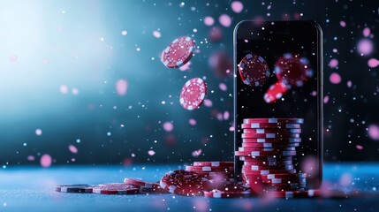 This image showcases a mobile phone with cascading poker chips amidst a starry night background, emphasizing the thrilling world of online gaming and connectivity.