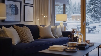 Scandinavian home interior design of modern living room. Stylish room with a dark blue sofa, neutral pillows, and modern decor creating a cozy and elegant atmosphere