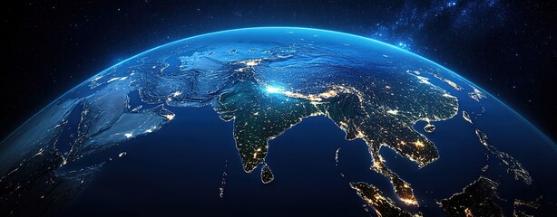 A realistic depiction of the Earth seen from space, highlighting India's presence in blue lighting. 