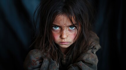 This image portrays a young girl with freckles and a fierce expression, garment stained, embodying the struggle and courage in difficult living conditions.