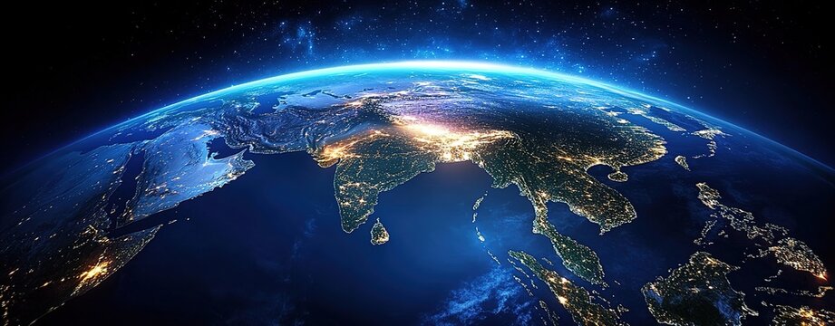 A realistic depiction of the Earth seen from space, highlighting India's presence in blue lighting. 