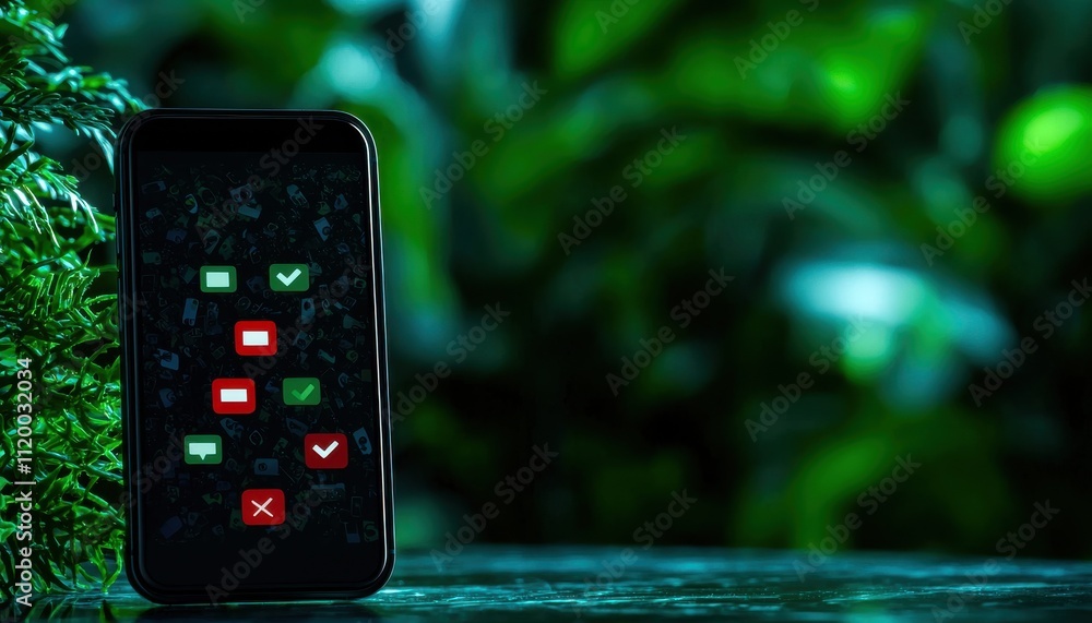 Fototapete A smartphone displays symbols in a lush green environment, featuring check marks and an exclamation mark against a dark background.