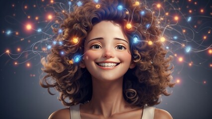 Cheerful animated-style young woman with curly hair, smiling brightly while glowing orbs and light connections swirl around her head