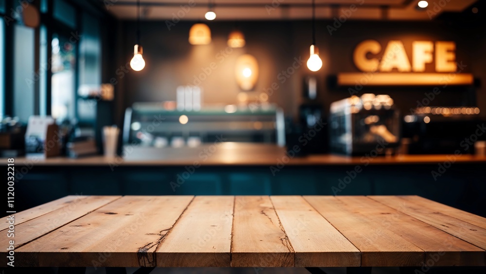 Poster wood table top on blurred of counter cafe shop with light bulb.background for montage product displa