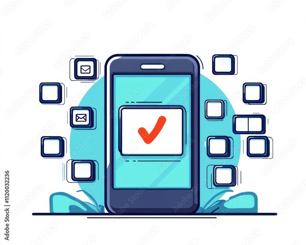 Fototapete a smartphone with a checkmark symbol, surrounded by various notification icons, indicating message c