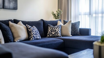 Scandinavian home interior design of modern living room. Stylish room with a dark blue sofa, neutral pillows, and modern decor creating a cozy and elegant atmosphere