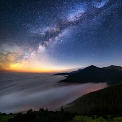 Fototapeta premium Galaxy sunrise over the mountains AI Image