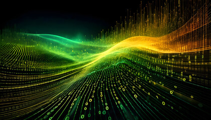 Flowing stream of binary code in green and yellow hues, representing data transfer and technology