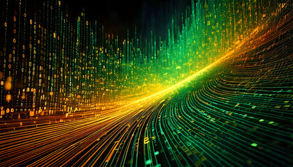 Flowing stream of binary code in green and yellow hues, representing data transfer and technology