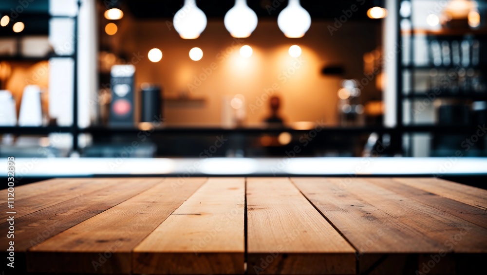 Poster Wood table top on blurred of counter cafe shop with light bulb.Background for montage product display or design key visual