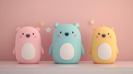 Three cute cartoon bear toys in pink, blue, and yellow, standing on a shelf against a pink wall.