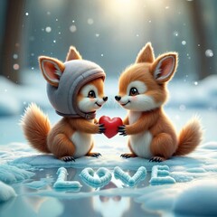 Fototapeta premium Valentine foxes. Two cute foxes holding a heart in a snowy winter forest.