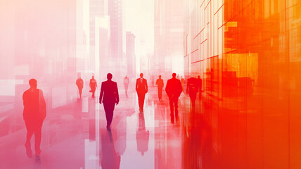 Business people walking in modern city with abstract background, showcasing silhouettes and reflections in vibrant colors. atmosphere conveys sense of professionalism and ambition