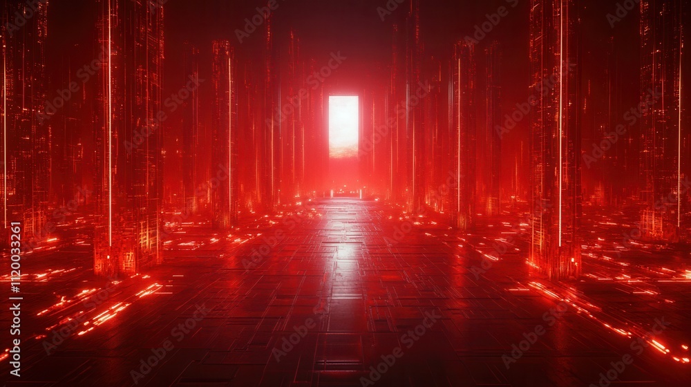 Poster a captivating corridor illuminated by red light, leading to a glowing exit, surrounded by reflective