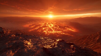 Volcanic Sunset Fiery Lava Flow Landscape Dramatic Mountain Scenery