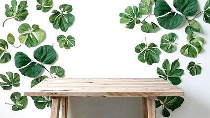 Wood table top on white wall with leaf background