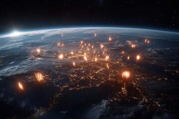 Obraz premium An atmospheric view of a city at dusk, with shimmering lights along the street creating a vibrant scene that blends urban life with the tranquility of the evening.