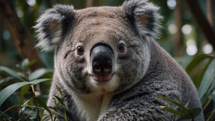 Fototapeta premium cute fluffy fat koala. big size and cute, forest background. Generative AI.
