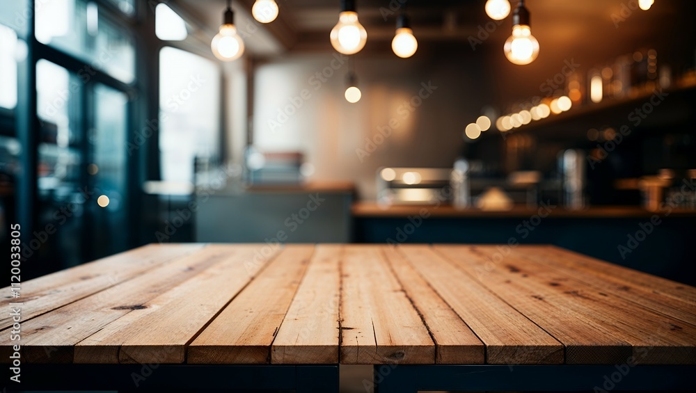 Poster Wood table top on blurred of counter cafe shop with light bulb.Background for montage product display or design key visual