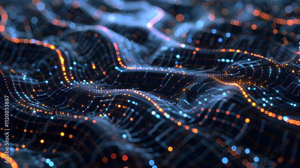 Poster abstract glowing wave of interconnected nodes and lines.