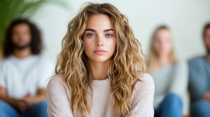 Fototapeta premium A woman with wavy hair in a white sweater is the focal point, surrounded by blurred people in the background, highlighting individuality and presence.