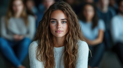 Fototapeta premium In a white sweater, a woman with curly hair gazes seriously, isolated among a blurred group, capturing a moment of introspection and individual focus.