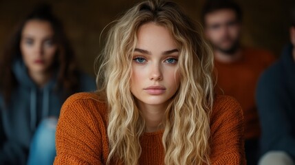 Fototapeta premium Blonde woman with flowing hair and deep blue eyes, wearing an orange sweater, sits in contemplation with blurred people in the background, creating a serene mood.