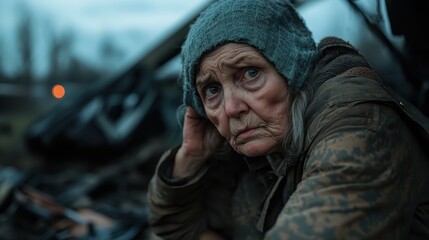 Fototapeta premium An elderly woman in a knitted hat and heavy coat clasps her head, deep in thought. Her surroundings mirror her tough life journey and perseverance.