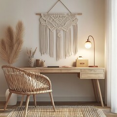 Cozy Boho-Inspired Workspace with Macrame Wall Hanging and Minimalist Decor