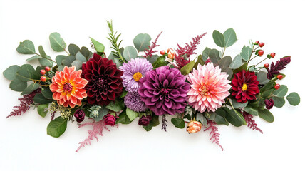 Colorful floral composition featuring various flowers and greenery, showcasing vibrant dahlias, eucalyptus leaves, and delicate accents, creating lively and fresh atmosphere