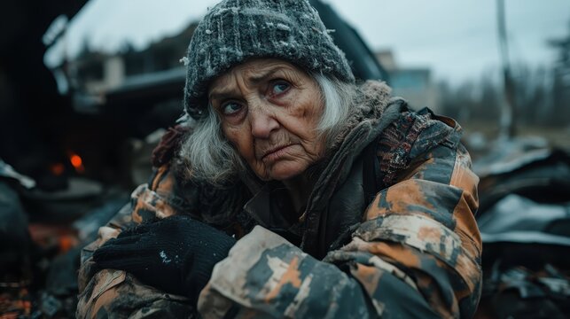 An elderly woman with a hat and weathered face ponders deeply while wearing a camo jacket. The gloomy background hints at a life of hardship and resilience.