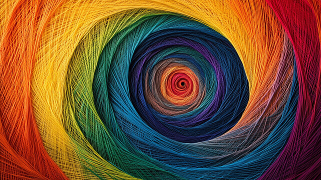 Colorful rainbow string art background with vibrant swirling patterns. This artistic design features mesmerizing spiral of threads in various hues, creating dynamic visual effect