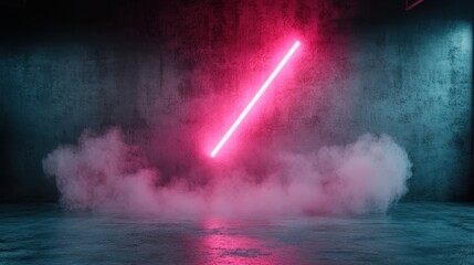 A diagonal neon pink light slices through a dark room filled with fog, creating a dynamic and captivating atmosphere rich with modern artistic expression.