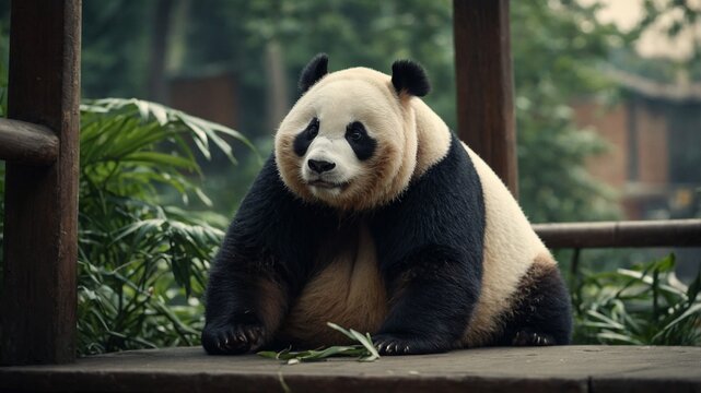 Portrait panda in the forest. Bokeh forest background. fat and fluffy. Generative AI.