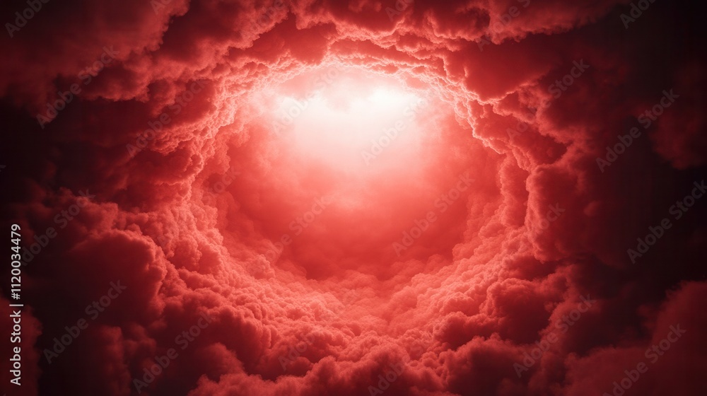 Poster a striking image of swirling red clouds illuminated from within, creating a captivating, otherworldl