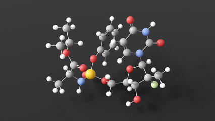 sofosbuvir molecule 3d, molecular structure, ball and stick model, structural chemical formula antiviral