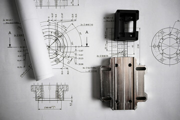 Metal components lying on mechanical engineering drawings, showcasing the relationship between...